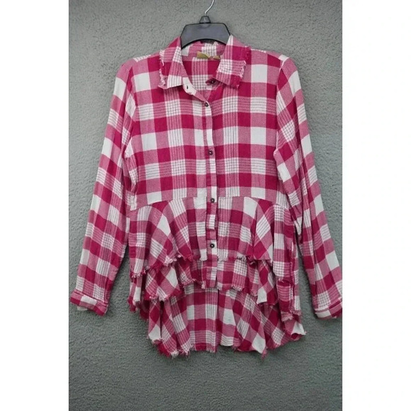 True Craft Pink White Plaid Long Sleeve Button-Up Top-Hi Lo-Medium-Fringe-Boho - Picture 1 of 11